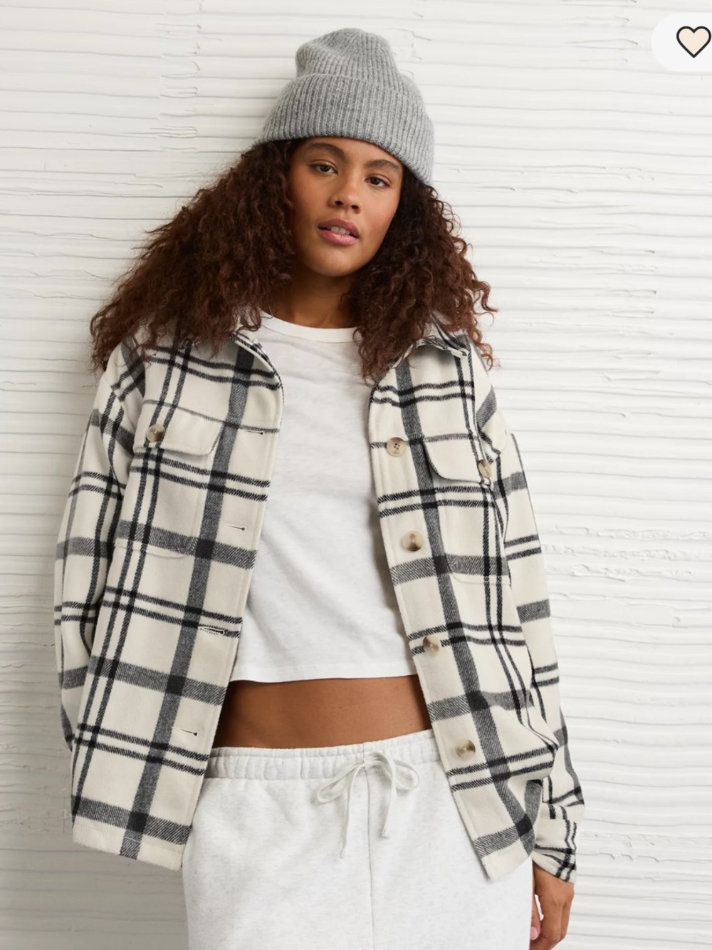 American Eagle Cozy Ivory Plaid Button-Up Shacket